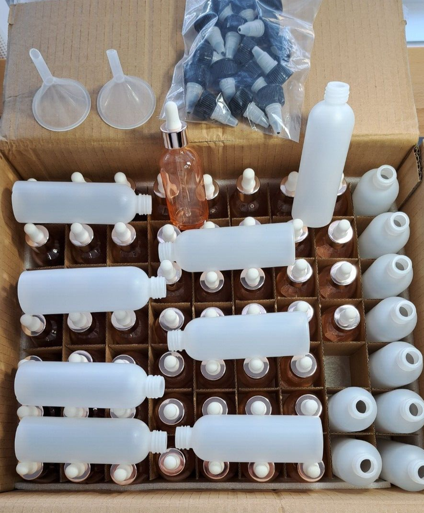 (54) 2 Oz Dropper Clear Glass Bottles, (17) 3 Oz Plastic Bottles + Caps, Funnels