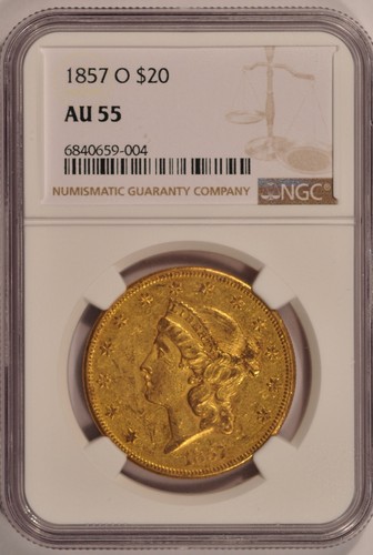 1857-O $20 Liberty Gold Double Eagle Coin NGC AU55 New Orleans Mint Pre-33 Gold