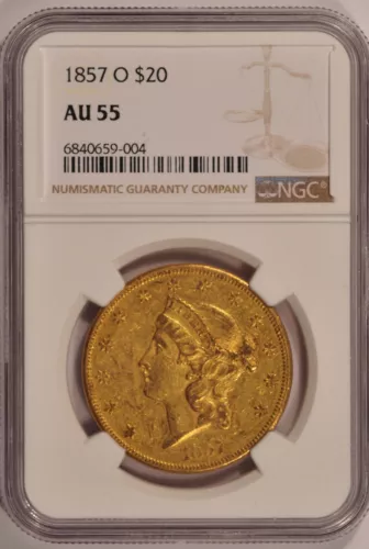 1857-O $20 Liberty Gold Double Eagle Coin NGC AU55 New Orleans Mint Pre-33 Gold