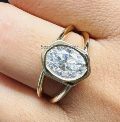 Hexagon Shape Engagement Ring Oval Moissanite Bezel Set Solitaire Wedding Ring