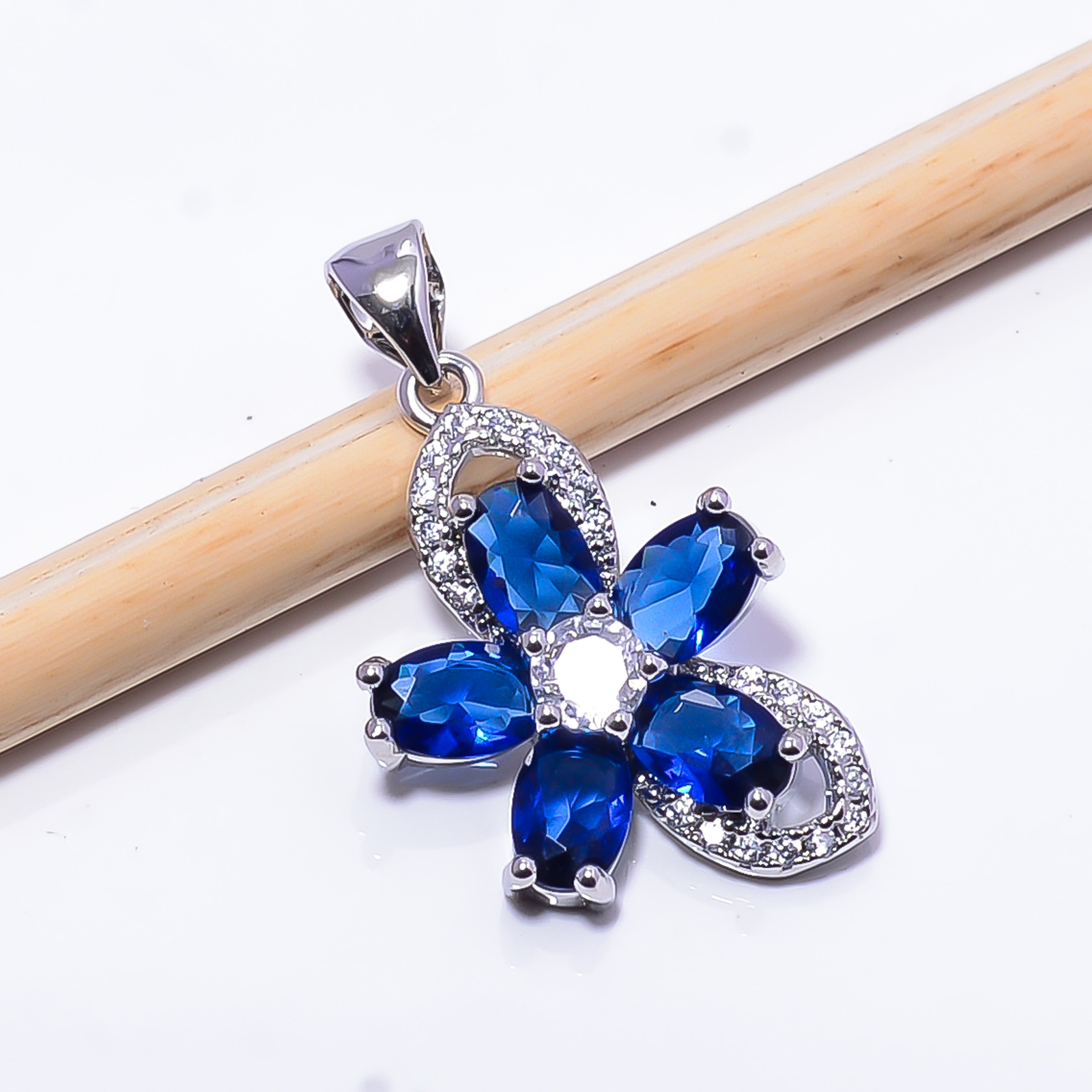 Blue Sapphire - Simulated & CZ 925 Sterling Silver Flower Pendant 1.09