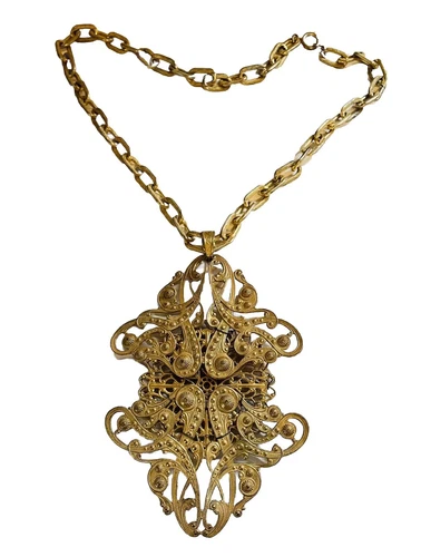 Vintage Signed Miriam Haskell Filigree Gold Tone Lg Articulated Pendant Necklace