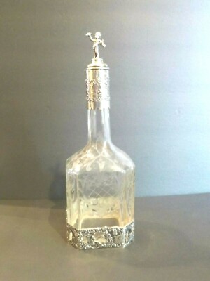 19th C. Etched Crystal Scent Bottle, German Silver Overlay, Cherub Top (#2)