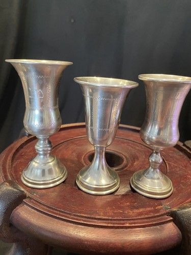 Vintage Judaica Jewish Hebrew Etched Sterling Sabbath Kiddush Cups Set of (3) - Picture 8 of 10