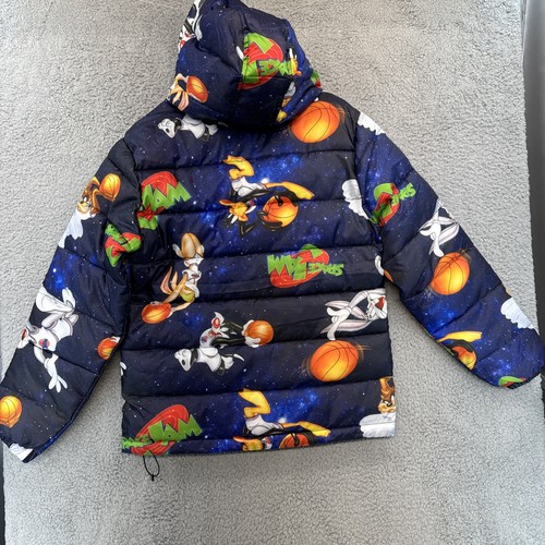 Puffer Jacket Space Jam Looney Tunes Bugs Bunny Graphic Printed Hooded Medium - Picture 14 of 21