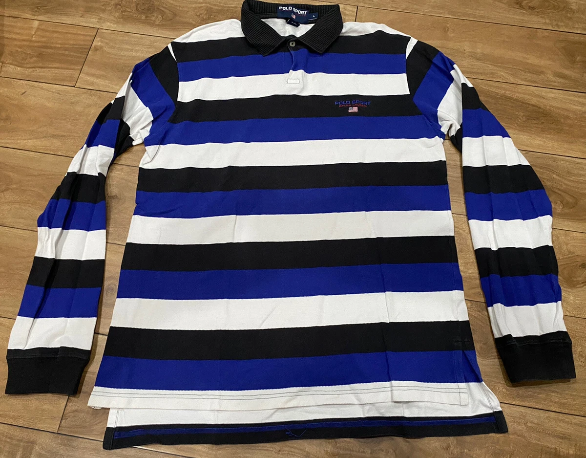 Men’s Vtg Polo Sport Ralph Lauren Striped Long Sleeve Polo Shirt Size Large EUC