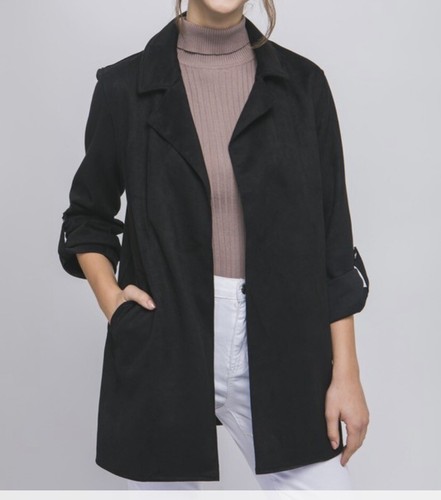 Neu Love Tree Wildlederimitat Mantel Jacke kleines Revers Ärmel Detail Taschen schwarz - Bild 1 von 11