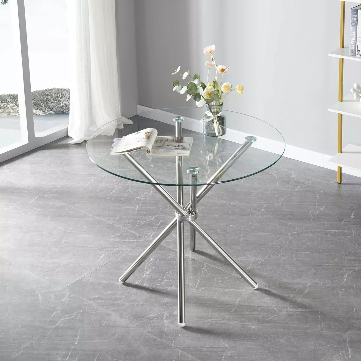 Round Glass Home Kitchen Dining Table 90cm top with Stainless Steel Metal Legs