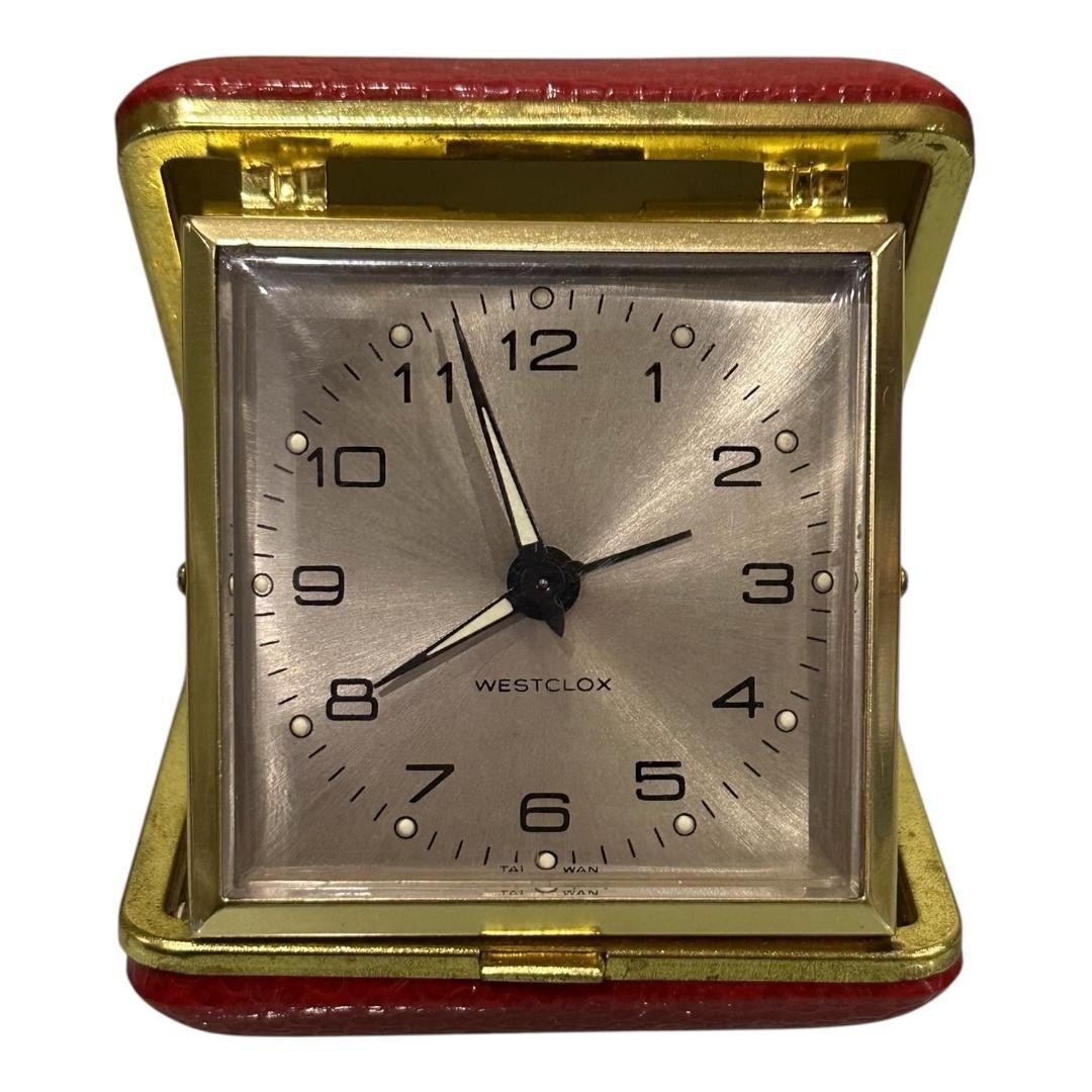 Vintage Westclox Red Travel Alarm Clock Wind Up Folding Case Gold Tone Retro featured image