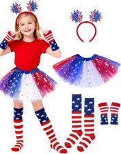 4Th of July Tutu for Girls with Red White and Blue Headband, Striped Gloves and