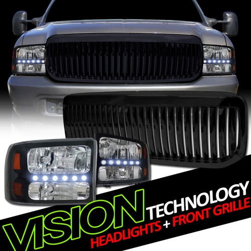 Black LED Headlights Signal Parking Amb 1Pc Ks+Vertical Grille For 99-04 F250 Sd