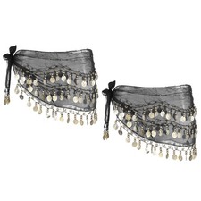 2 Pcs Belly Dance Hip Scarf 57x11" with 72 Gold Coin, Black