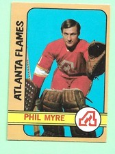 (1) PHIL MYRE 1972-73 O-PEE-CHEE # 43 FLAMES GOALIE ROOKIE EX/EX+ CARD (N3283). rookie card picture