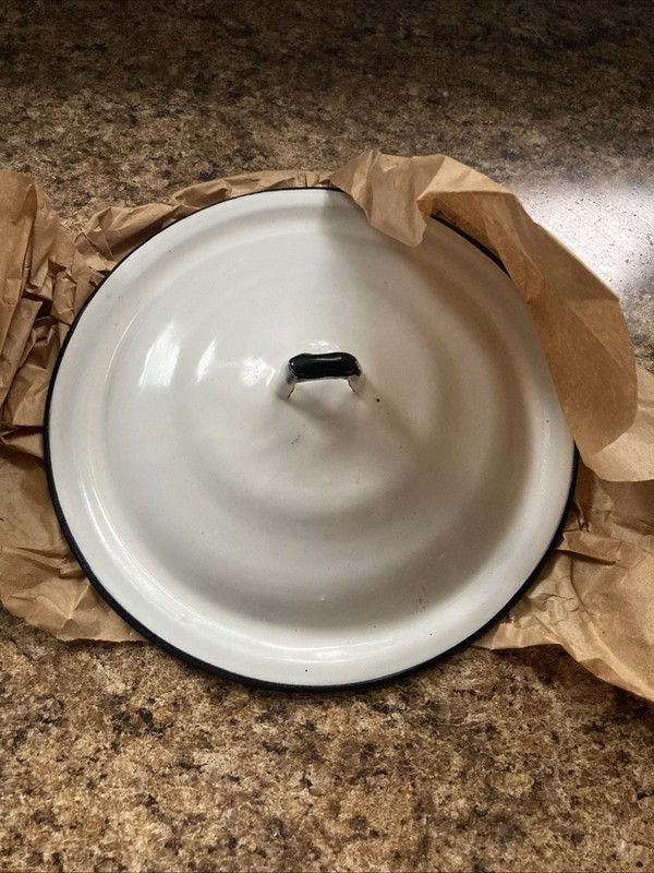 NOS Enamelware Lid 9 Inch White And Black new Old Stock Unused Mercantile Find