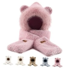 Hat Scarf Gloves Set for Women Winter, Plush Fleece Bear Neck Warmer 3-in Pink