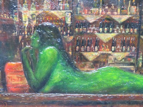 Extraordinary Work Bizarre Modernist Nude in Bar Interior by Don 1972