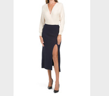 Lush Dress Small Midi Knit Long Sleeve Blue Cream Two Tone V Neck Office Career