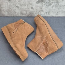 BearPaw Brown Wedge Side Zipper Megan Suede Sheepskin Boot 10W Winter Snakeskin