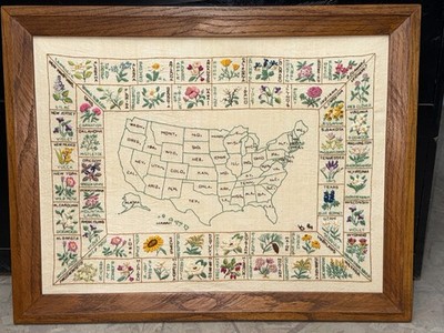 Large Vintage 70 s Paragon USA Map With State Flowers Hand Embroidered Framed