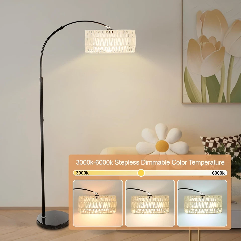 Lámpara de Pie Arco para Salón, Elegante Lámpara de Pie Boho de Ratán con Temperatura de 3 Colores Foto 2 de 4