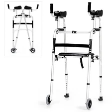Goplus Foldable Aluminum Alloy Walker Wheel Walking Frame W/ Seat & Armrest Pad