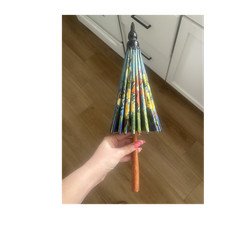 Hand-Painted Floral Parasol Umbrella Wood Paper Blue Yellow Red Green