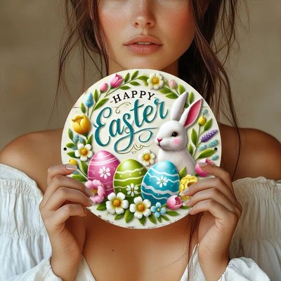 2D 1pc, Round Iron Tin Metal Signs Home Décor 8x8Inch Print, Easter Bunny & Eggs