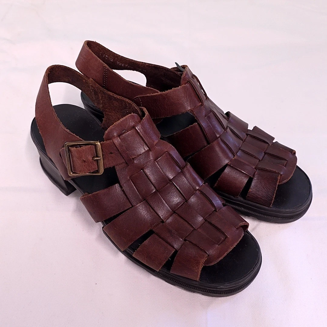 Broadway Fisherman Sandals Womens 7.5 Brown Leather Woven Block Heel Teeter