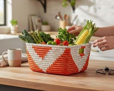 Handmade Senegalese Basket   Orange Triangle Woven Storage