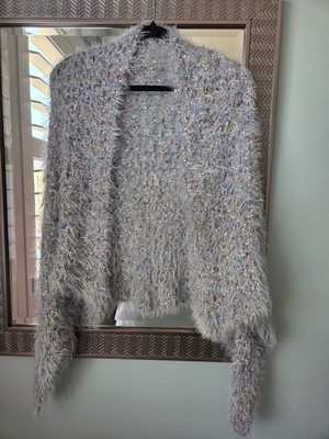 Handmade Versitile Ladder Ribbon Yarn Shawl 30''x50'' Bluish Grey w/Color Flecks