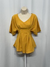 Mango Women’s Mustard Short Flared Sleeve V-Neck Fit & Flare Summer Blouse M