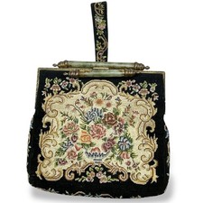 Vtg TAPESTRY PETIT POINT Bag Wristlet Hand Stitched Unique 2 Jade Bars Clasp EUC