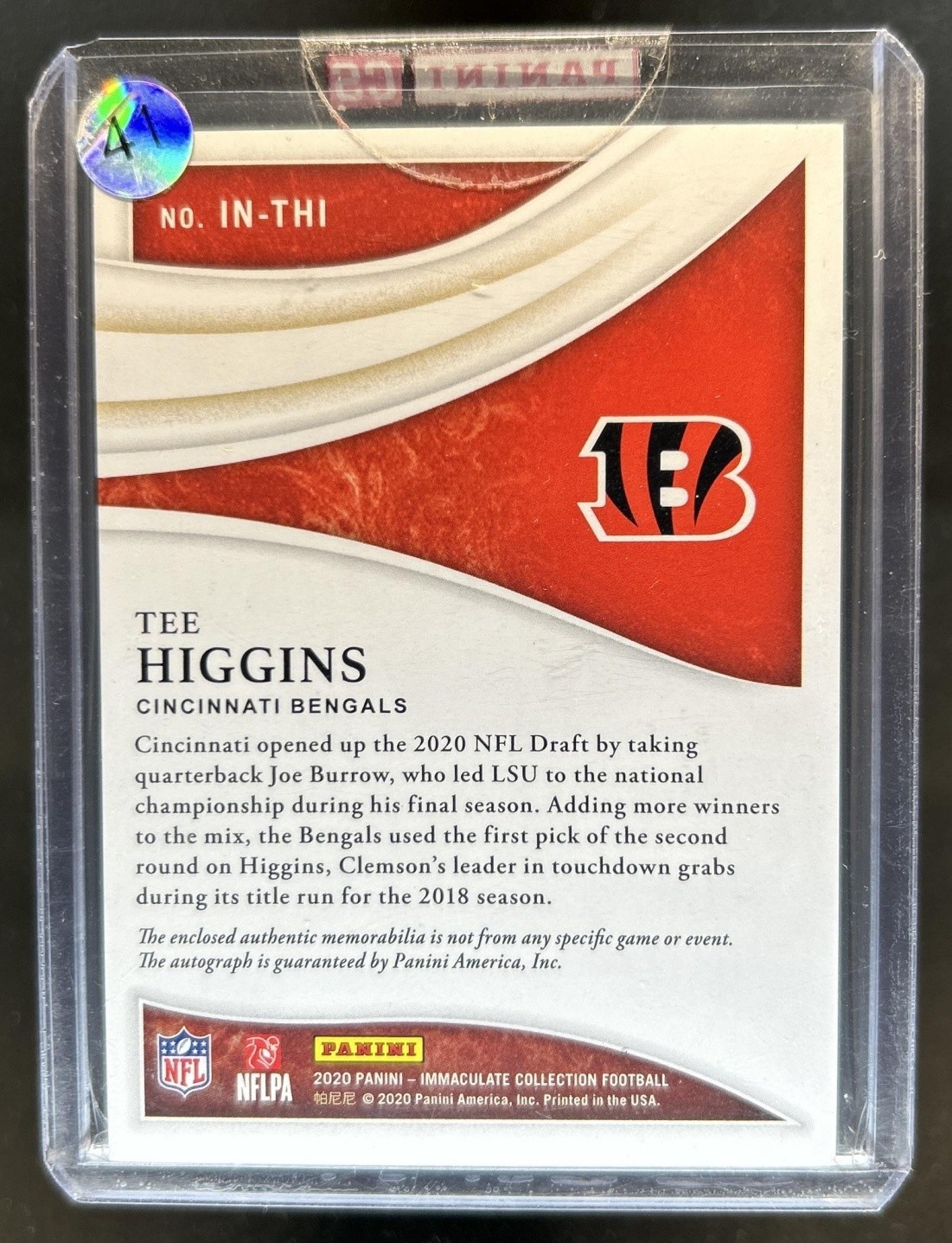 2020 Panini Immaculate Tee Higgins Numbers Rookie Patch Auto Autograph RC #/85 view 2