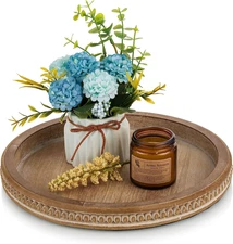 Decorative Serving Tray Round: Brown Beaded Trays for Coffee Table Rustic Wooden