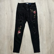 ymi black dark wash rose embroidered distress...