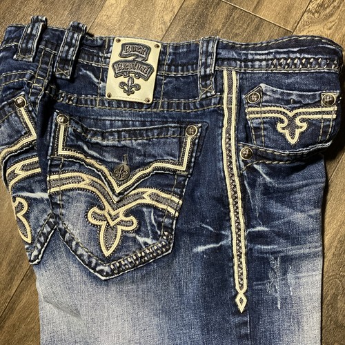 Rock Revival Jeans Men's 36x31 Blue Owen Slim Boot Stretch Thick Stitch/Leather