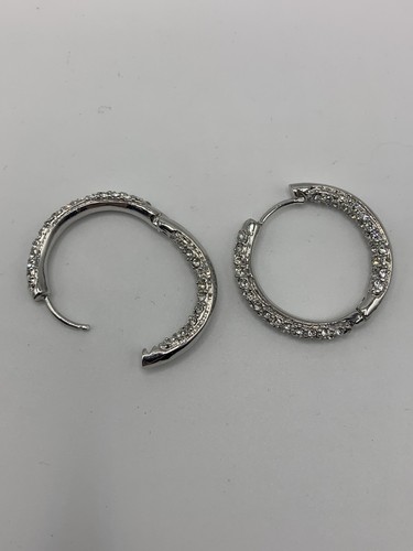 Crystal Silver Tone Hinged Hoop Earrings 1” - Picture 6 of 9