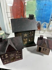 Set of 3- Primitive houses-painted paper mache/lidded Putz style/display decor