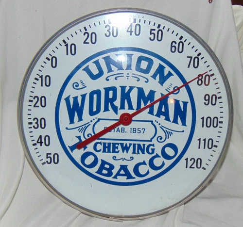 ANTIQUE USA VINTAGE UNION WORKMAN CHEWING TOBACCO GLASS THEMOMETER SIGN MINT