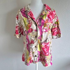 Chico's Linen Jacket Shirt Artsy Floral Art Wear Short Sleeve Size 1 M Vintage