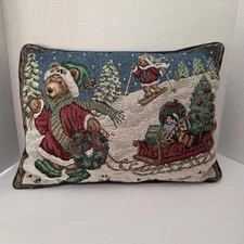 Vintage Decorative Pillow Christmas Winter Bears Sled Snow Scene Cottagecore