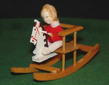 Vintage Artist Made  Signed Dollhouse Miniature Wooden Rocking Horse and Doll