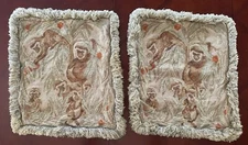 Vintage Loie Wool Needlepoint Pillows Set Featuring Monkeys