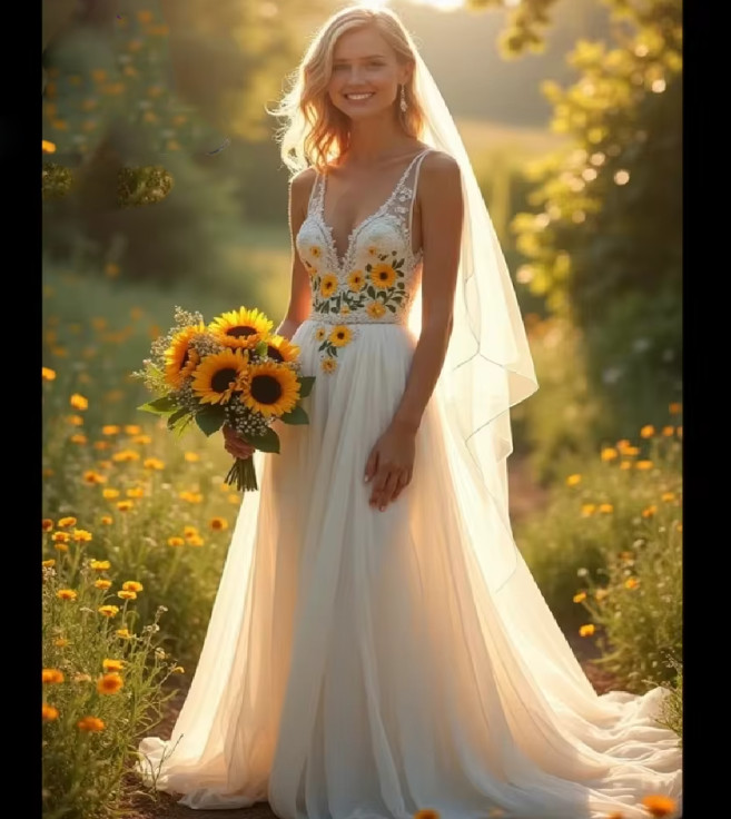 Vestido de novia bohemio mexicano con bordado de girasol bosque civil boho