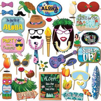 Hawaiian Photo Booth Props Kit - 30 Piece Tropical Party Decor With Large Photo Frame