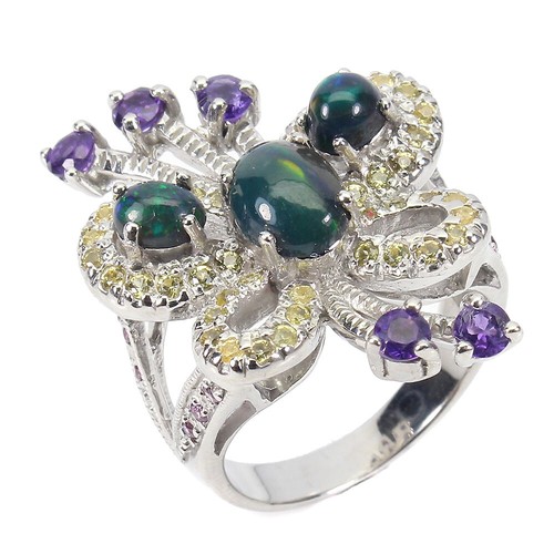 925 Sterling Silver Ring Oval Black Opal 8x6mm Gems Butterfly Gemstone Jewelry 7 - Picture 3 of 10