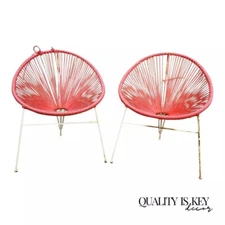 Vintage Mid Century Modern Vinyl Rope Hoop Wrought Iron Acapulco Chairs - a Pair