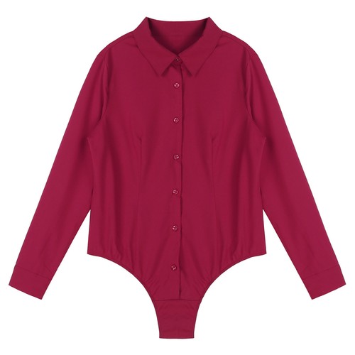 Womens Bodysuit Long Sleeve Shirt Button Down Leotard Slim Fit Jumpsuit Solid - Picture 38 of 55