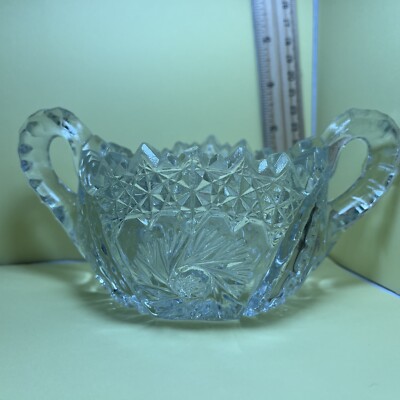 Vintage Saw Tooth Cut Glass Sugar Bowl W Two Handles