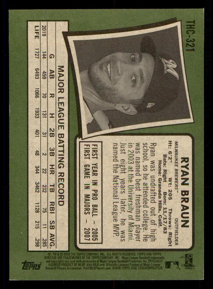 2020 Topps Heritage Chrome Purple Refractors #THC321 Ryan Braun - Image 2 of 2